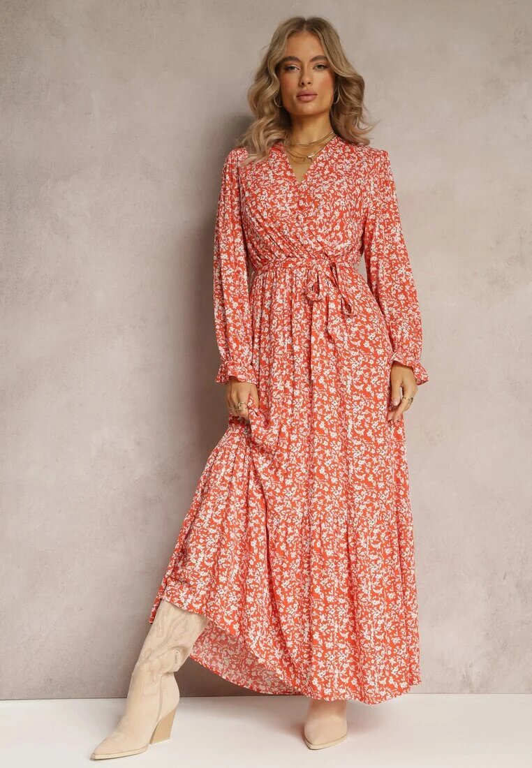 m&d fashion Rochie Portocalie cu flori cu volane și curea legată Zeralia
