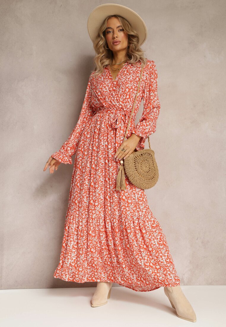 m&d fashion Rochie Portocalie cu flori cu volane și curea legată Zeralia