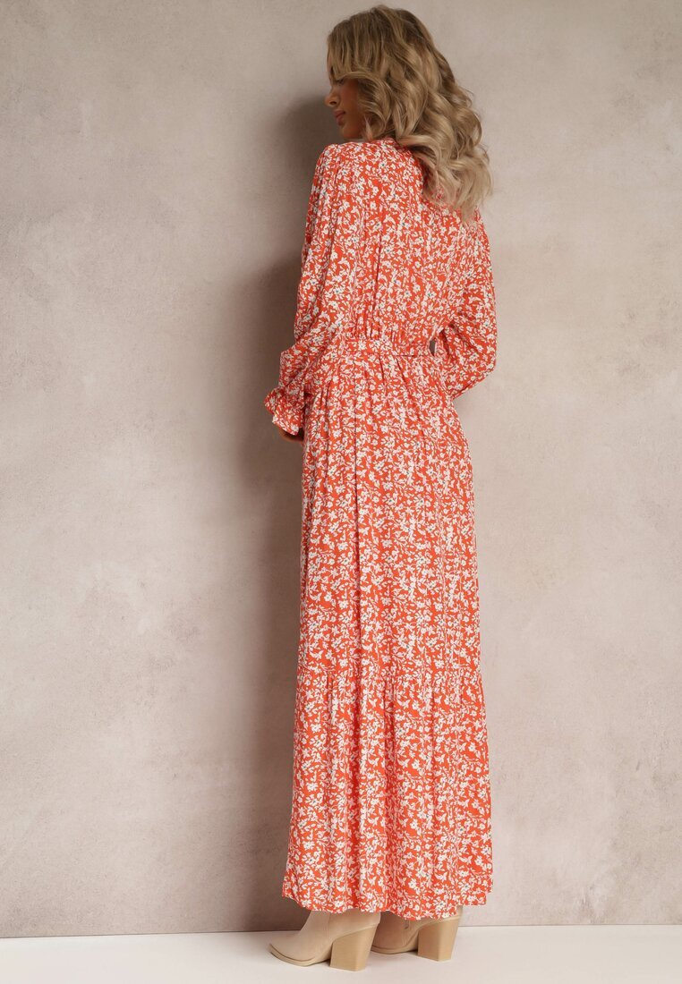 m&d fashion Rochie Portocalie cu flori cu volane și curea legată Zeralia