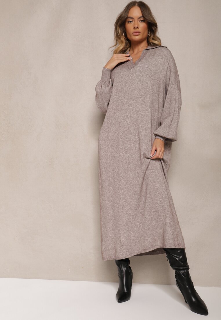 m&d fashion Rochie pulover Bej din viscoză cu croială tip cutie ornată cu guler Clarinnae