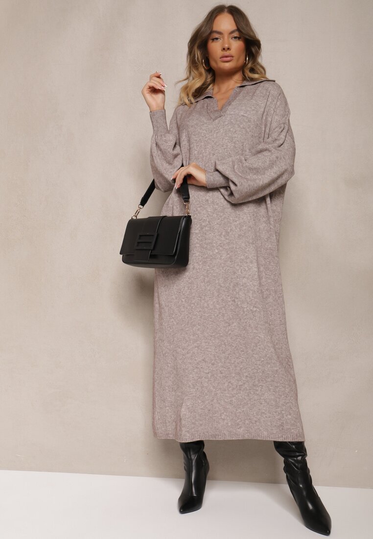 m&d fashion Rochie pulover Bej din viscoză cu croială tip cutie ornată cu guler Clarinnae