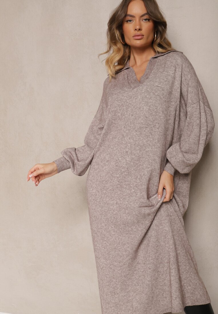 m&d fashion Rochie pulover Bej din viscoză cu croială tip cutie ornată cu guler Clarinnae