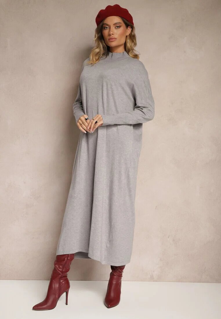 m&d fashion Rochie pulover croială dreaptă gri deschis din viscoză și guler înalt Rinnine