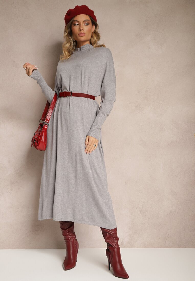 m&d fashion Rochie pulover croială dreaptă gri deschis din viscoză și guler înalt Rinnine