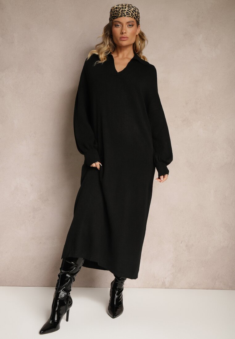 m&d fashion Rochie Pulover Neagră din Vâscoză cu Croială Dreaptă Decorată cu Guler Clarinnae
