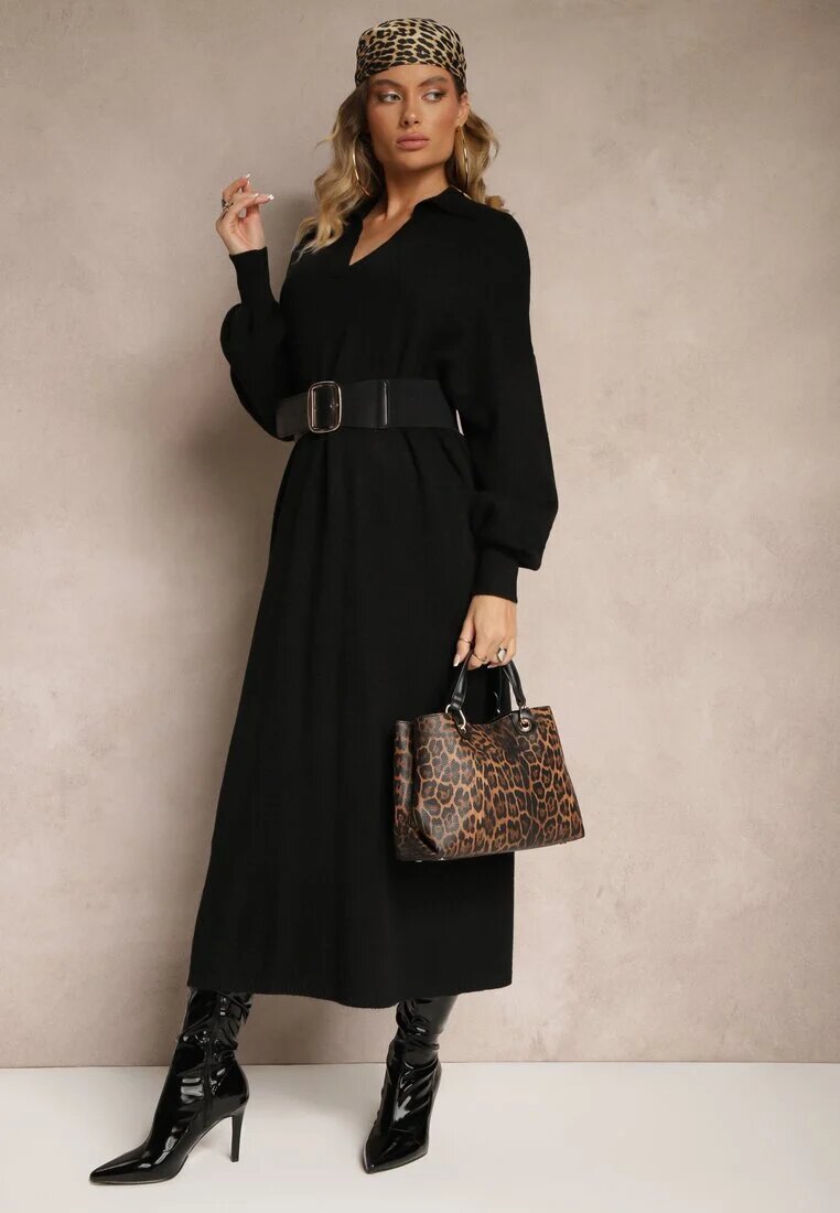 m&d fashion Rochie Pulover Neagră din Vâscoză cu Croială Dreaptă Decorată cu Guler Clarinnae