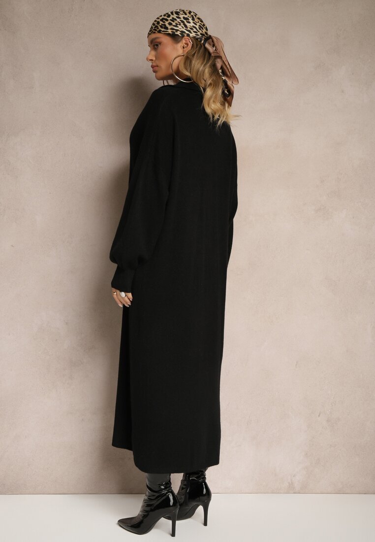 m&d fashion Rochie Pulover Neagră din Vâscoză cu Croială Dreaptă Decorată cu Guler Clarinnae