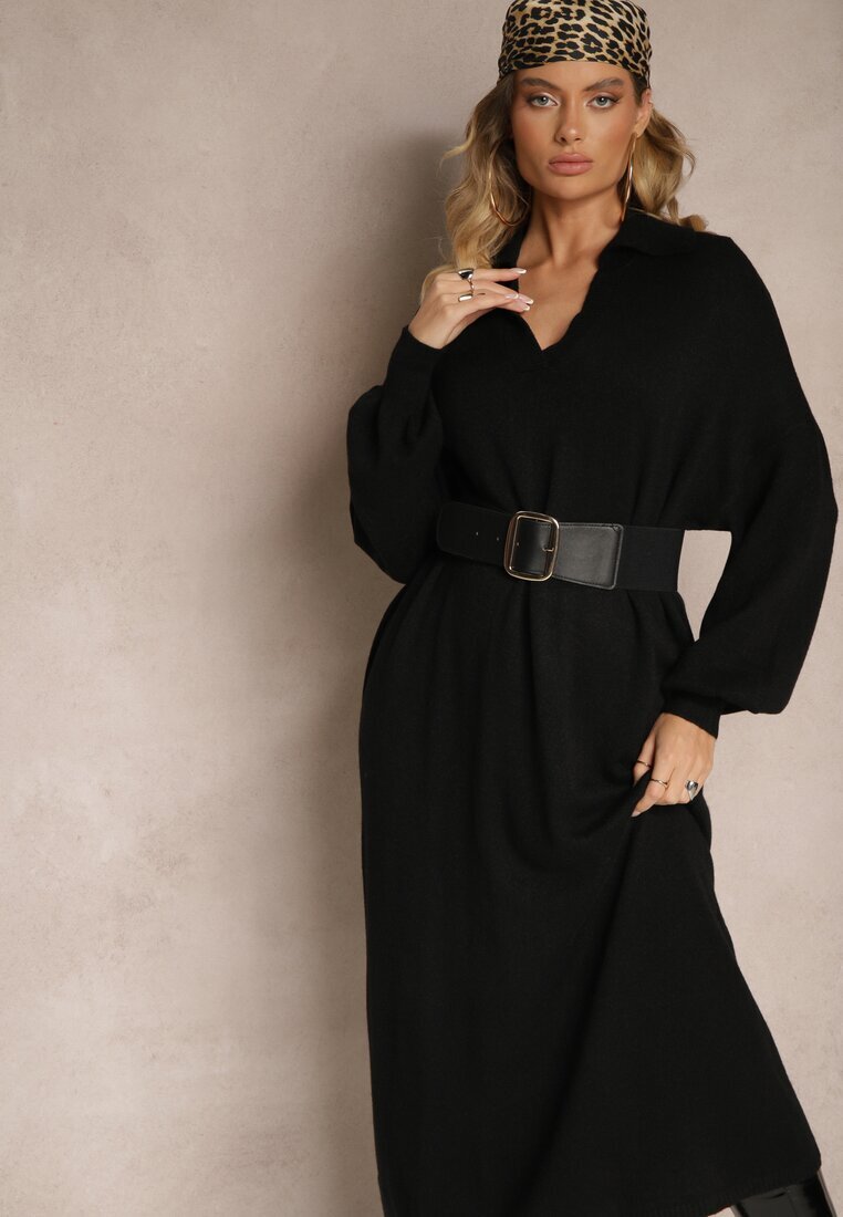 m&d fashion Rochie Pulover Neagră din Vâscoză cu Croială Dreaptă Decorată cu Guler Clarinnae