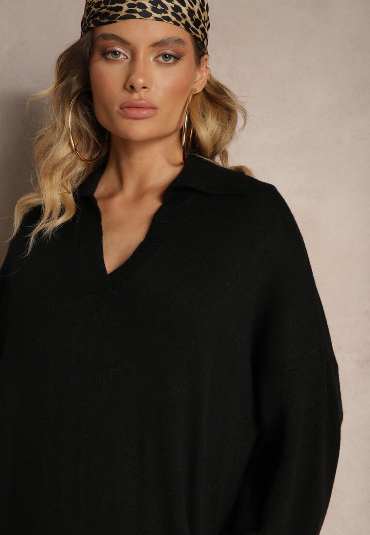 m&d fashion Rochie Pulover Neagră din Vâscoză cu Croială Dreaptă Decorată cu Guler Clarinnae