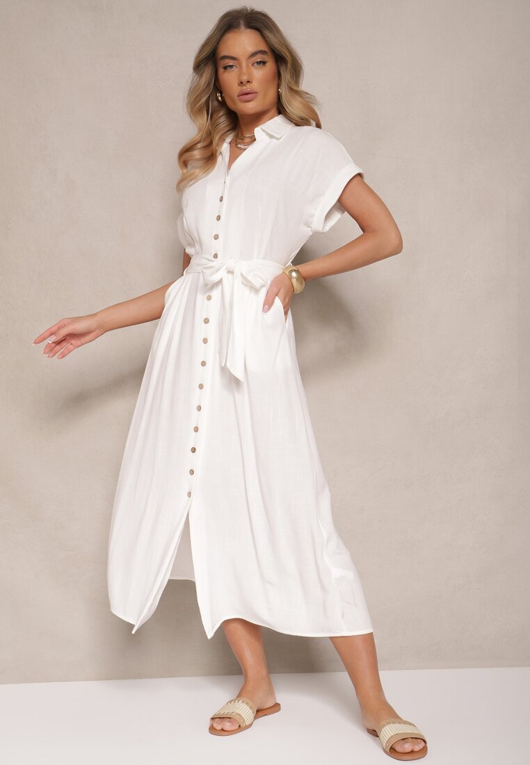 m&d fashion Rochie tip cămașă albă din bumbac cu cordon legat și mânecă scurtă Elannoria