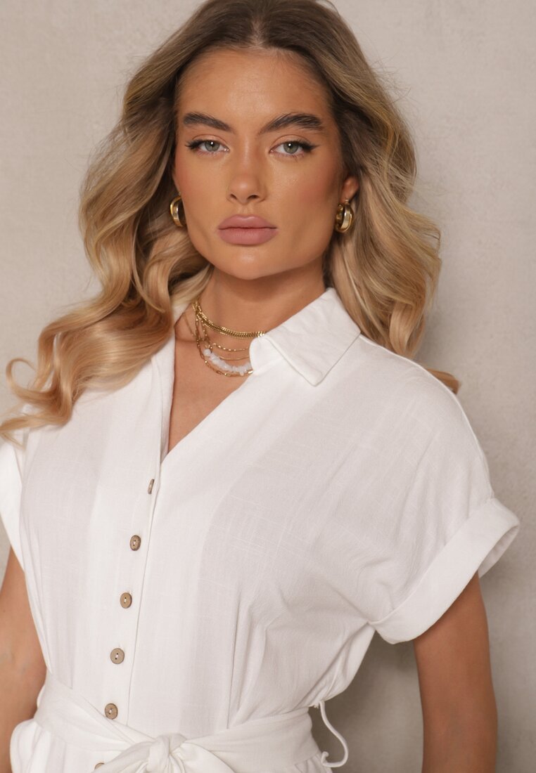 m&d fashion Rochie tip cămașă albă din bumbac cu cordon legat și mânecă scurtă Elannoria