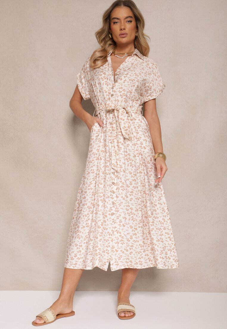 m&d fashion Rochie tip cămașă bej deschis din bumbac cu imprimeu floral cu cordon legat Amoisse