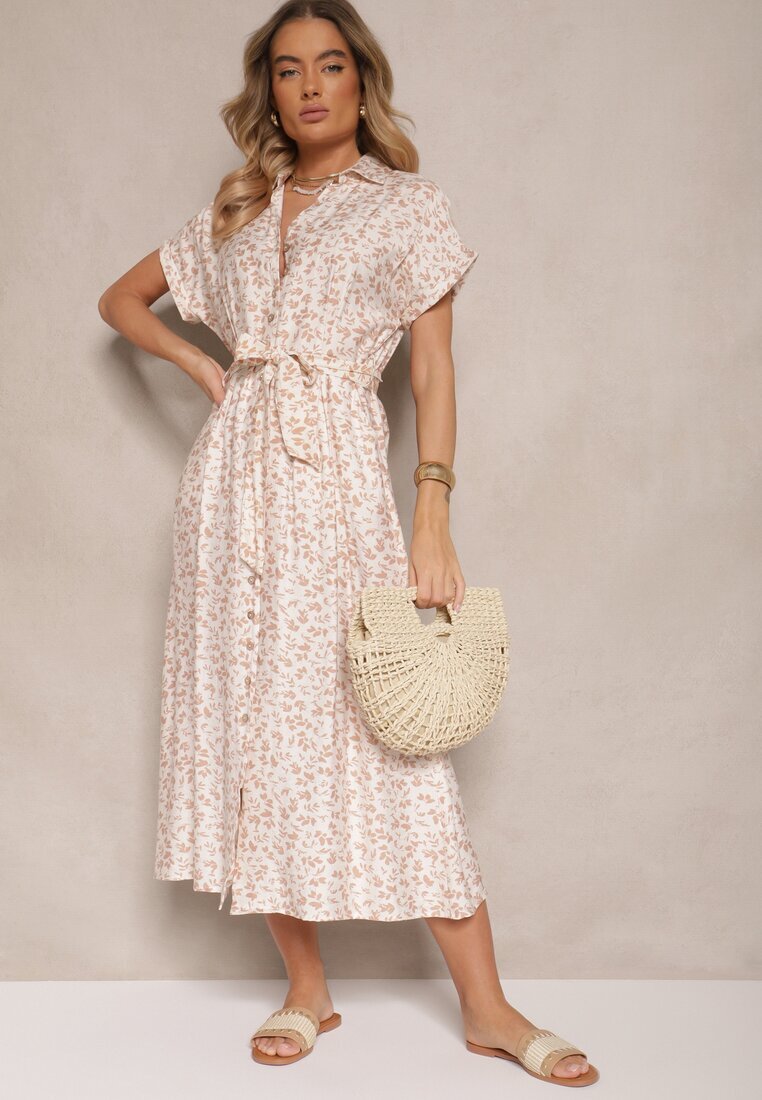 m&d fashion Rochie tip cămașă bej deschis din bumbac cu imprimeu floral cu cordon legat Amoisse