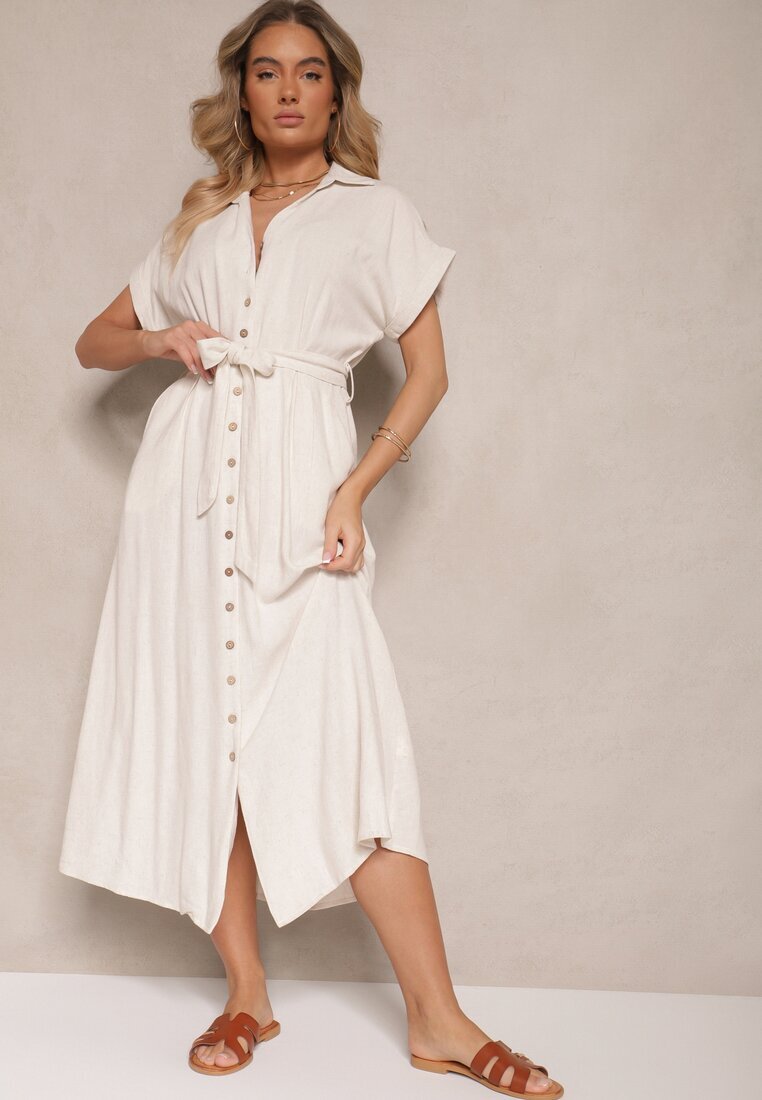 m&d fashion Rochie tip cămașă Bej deschis Din bumbac cu o curea de legat și mâneci scurte Elannoria