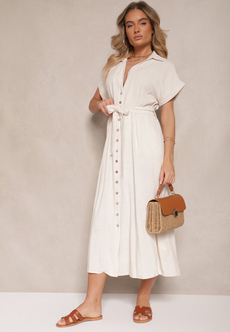 m&d fashion Rochie tip cămașă Bej deschis Din bumbac cu o curea de legat și mâneci scurte Elannoria