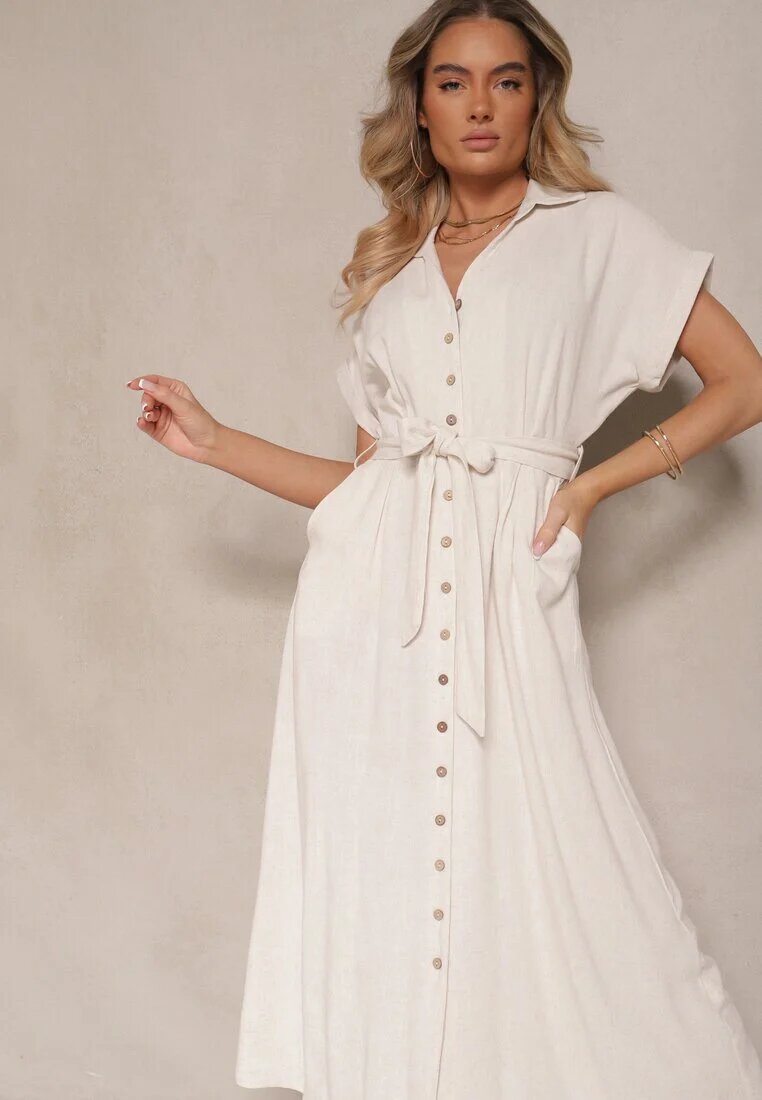 m&d fashion Rochie tip cămașă Bej deschis Din bumbac cu o curea de legat și mâneci scurte Elannoria