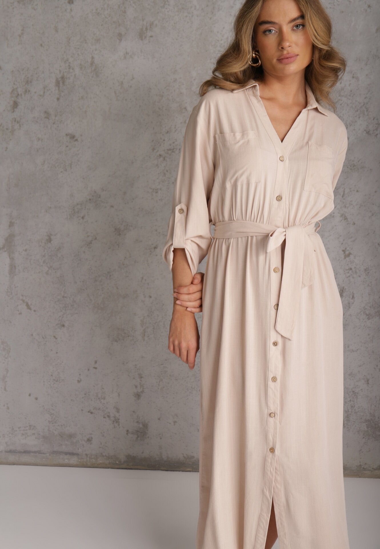 m&d fashion Rochie tip cămașă Bej deschis Utility din Bumbac cu Curea Legată în Talie Retona