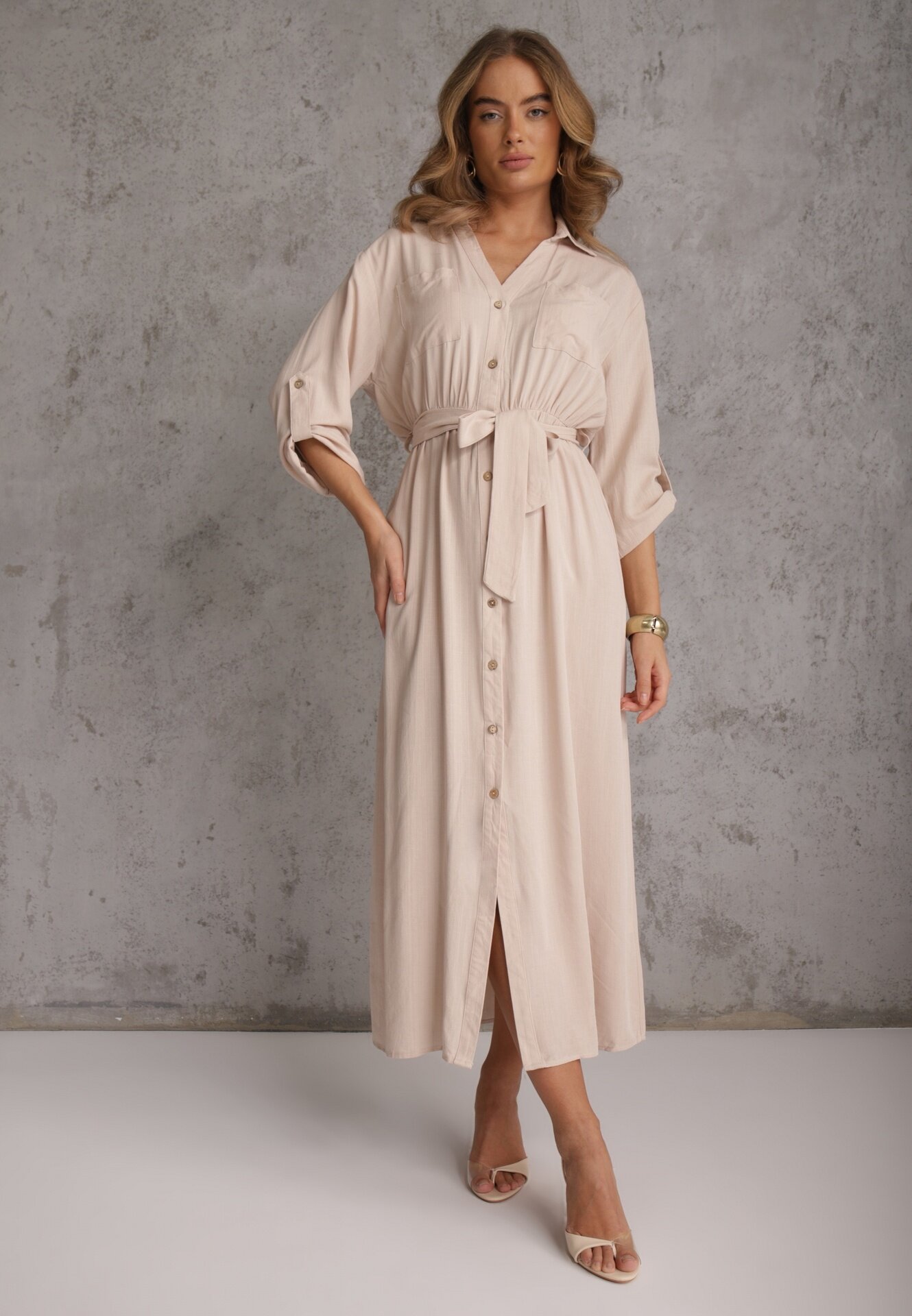 m&d fashion Rochie tip cămașă Bej deschis Utility din Bumbac cu Curea Legată în Talie Retona