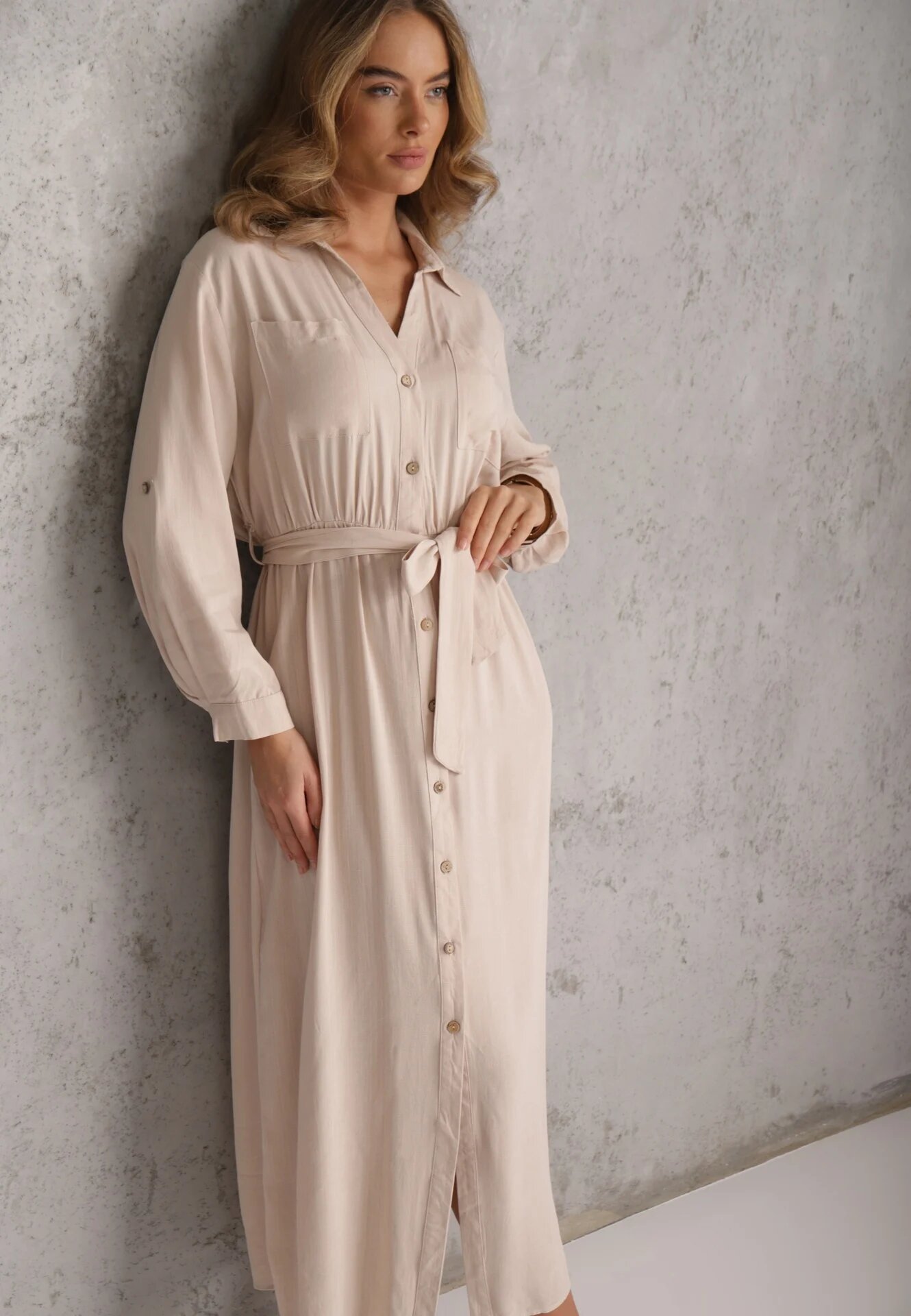 m&d fashion Rochie tip cămașă Bej deschis Utility din Bumbac cu Curea Legată în Talie Retona