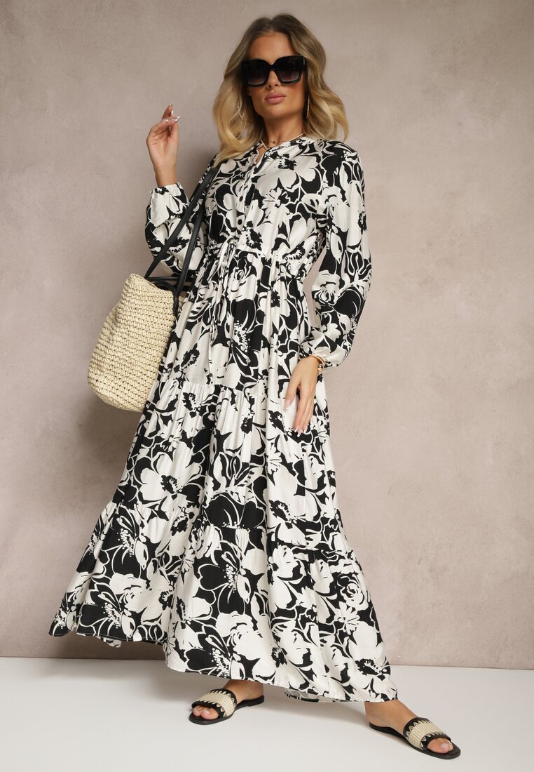 m&d fashion Rochie tip cămașă Neagră din Viscoză cu Flori cu croială evazată Ridavielle