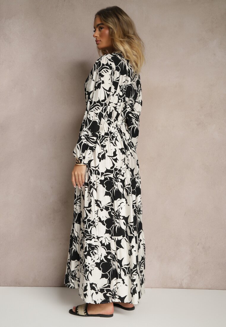 m&d fashion Rochie tip cămașă Neagră din Viscoză cu Flori cu croială evazată Ridavielle