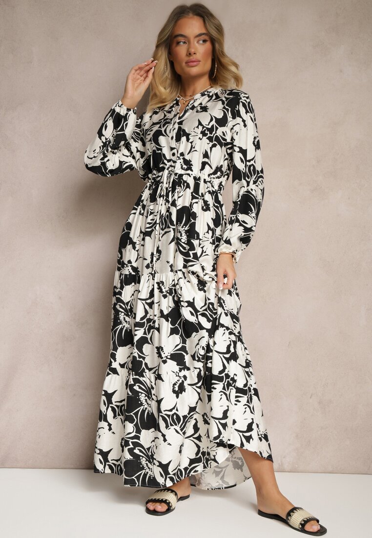 m&d fashion Rochie tip cămașă Neagră din Viscoză cu Flori cu croială evazată Ridavielle