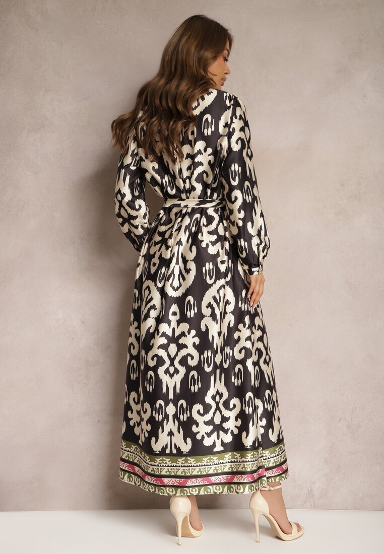 m&d fashion Rochie tip cutie Alb-Negru satinată cu curea în talie cu imprimeu ornamental Taros
