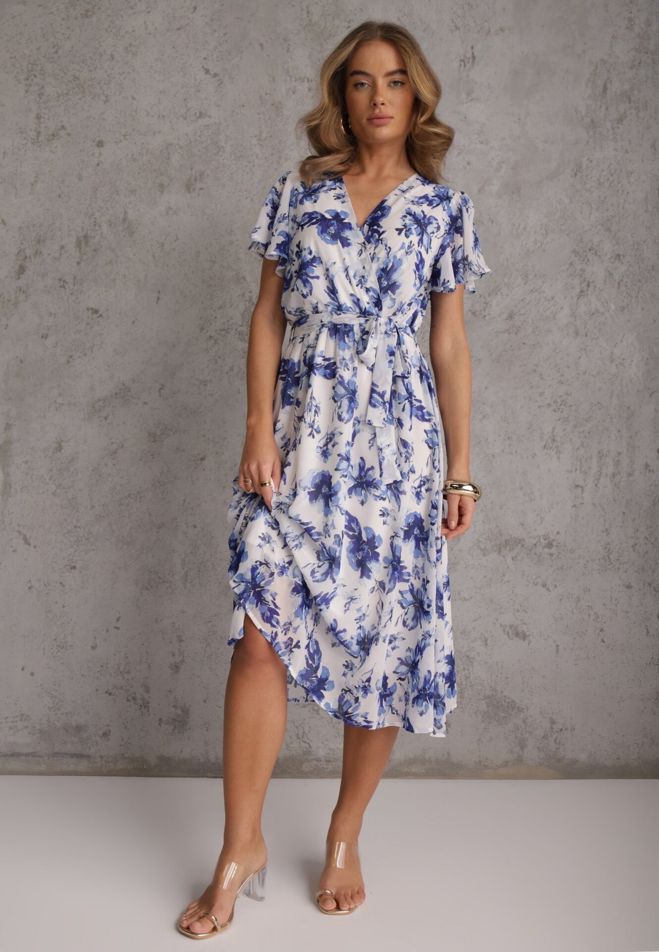 m&d fashion Rochie tip plic Albastră cu curea legată cu imprimeu floral cu sclipici Runewea
