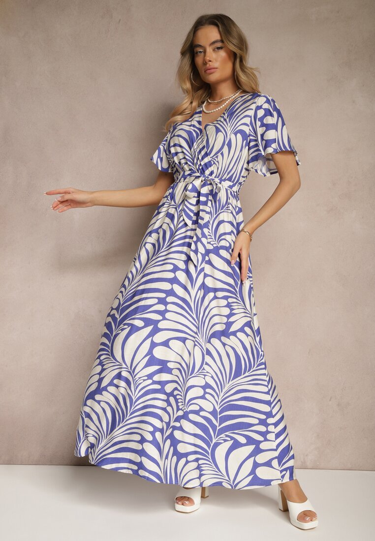 m&d fashion Rochie tip plic Albastră din viscoză Decorată cu imprimeu cu motiv vegetal Dinea