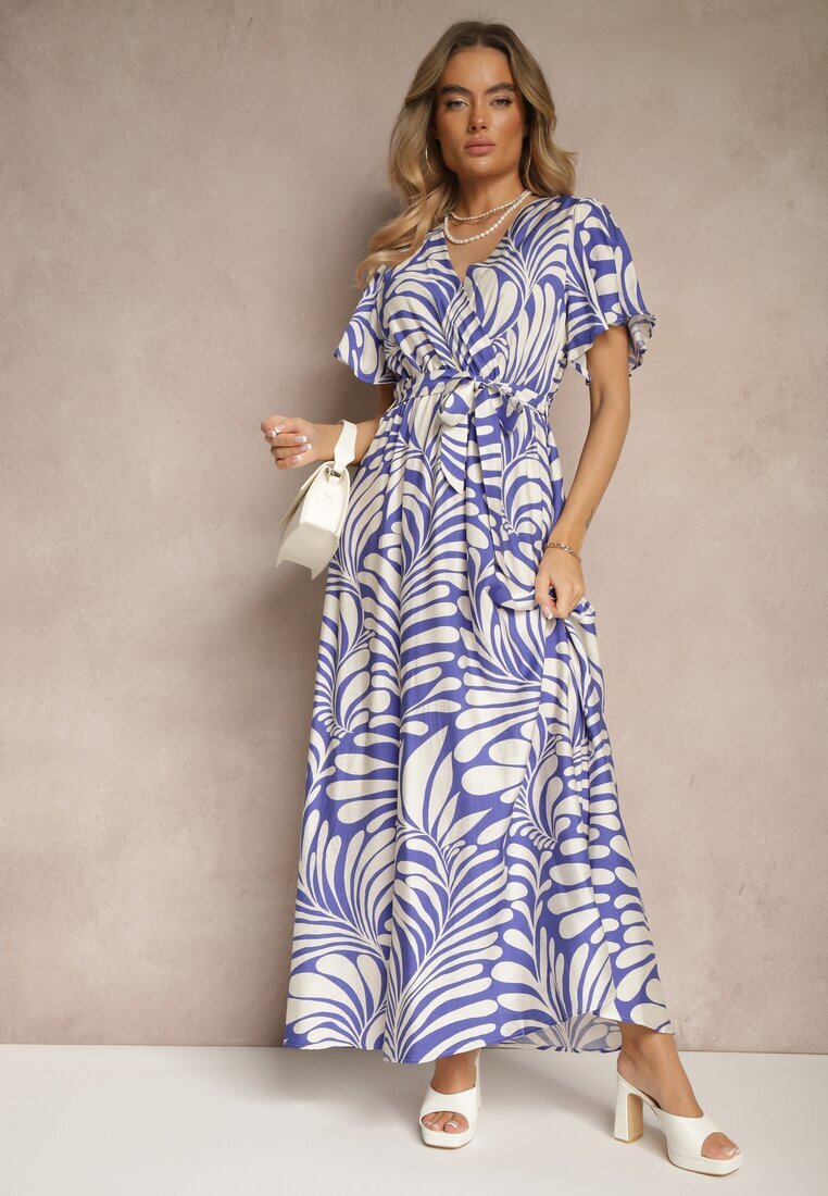 m&d fashion Rochie tip plic Albastră din viscoză Decorată cu imprimeu cu motiv vegetal Dinea