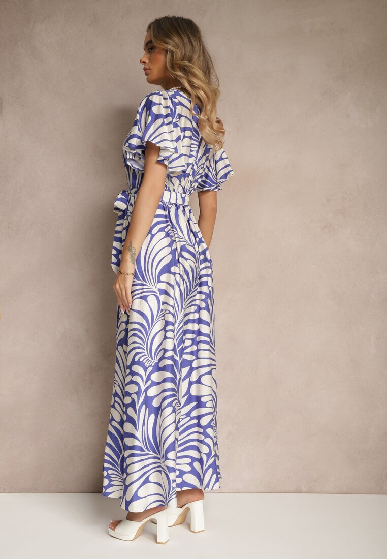 m&d fashion Rochie tip plic Albastră din viscoză Decorată cu imprimeu cu motiv vegetal Dinea
