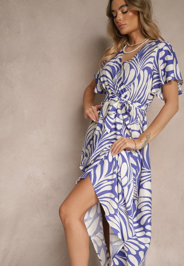 m&d fashion Rochie tip plic Albastră din viscoză Decorată cu imprimeu cu motiv vegetal Dinea