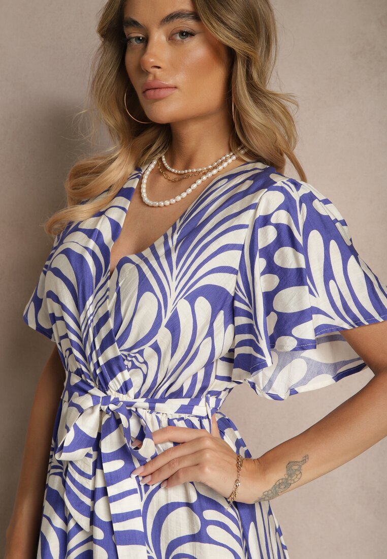 m&d fashion Rochie tip plic Albastră din viscoză Decorată cu imprimeu cu motiv vegetal Dinea