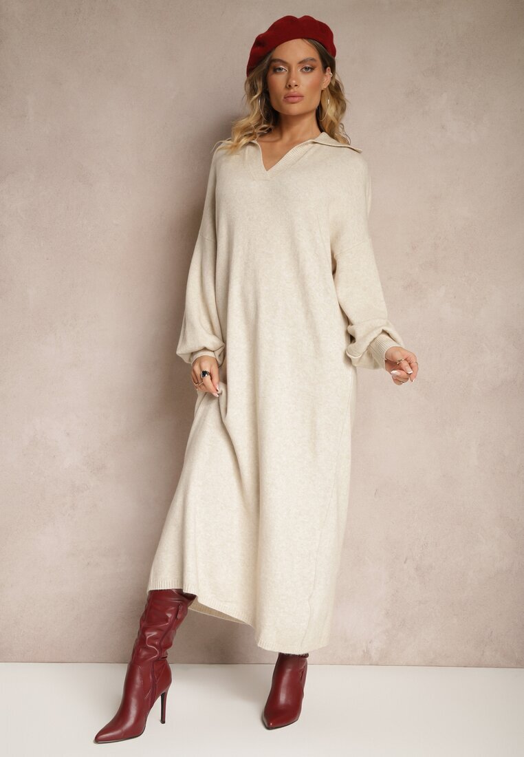 m&d fashion Rochie tip pulover bej deschis cu Viscoză cu croială tip cutie decorată cu guler Clarinnae