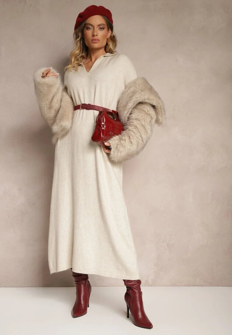 m&d fashion Rochie tip pulover bej deschis cu Viscoză cu croială tip cutie decorată cu guler Clarinnae