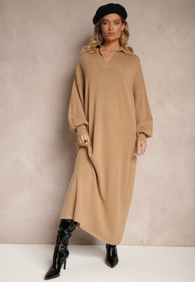 m&d fashion Rochie Tip pulover Bej închis cu viscoză cu croială tip cutie decorată cu guler Clarinnae
