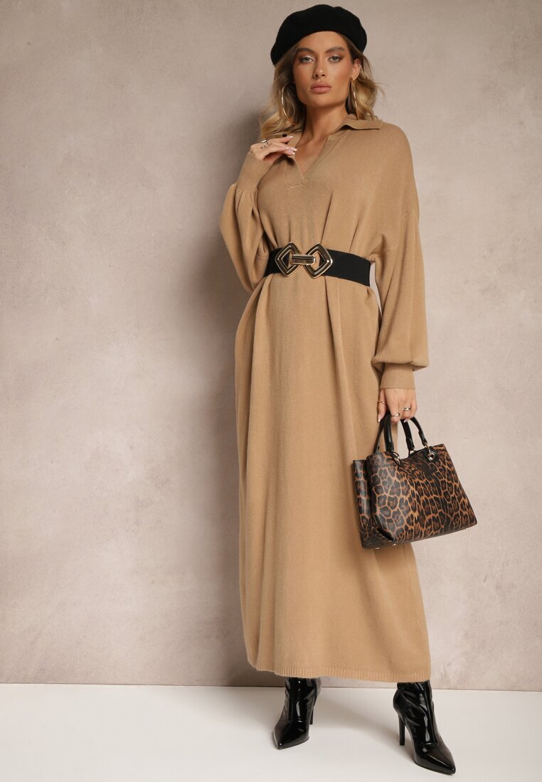 m&d fashion Rochie Tip pulover Bej închis cu viscoză cu croială tip cutie decorată cu guler Clarinnae