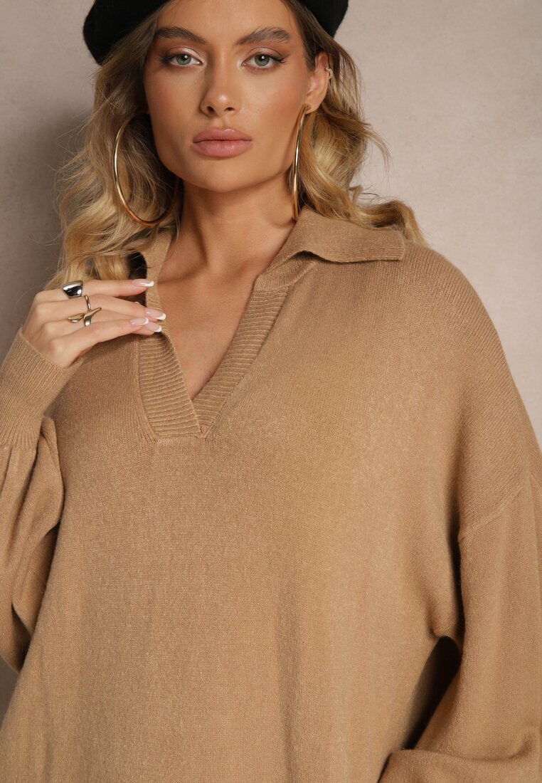 m&d fashion Rochie Tip pulover Bej închis cu viscoză cu croială tip cutie decorată cu guler Clarinnae