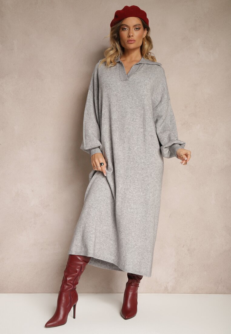 m&d fashion Rochie tip pulover gri din vâscoză cu croială dreaptă cu guler Clarinnae