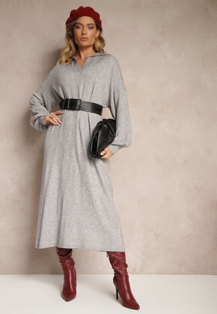 m&d fashion Rochie tip pulover gri din vâscoză cu croială dreaptă cu guler Clarinnae