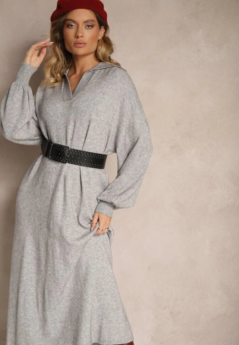 m&d fashion Rochie tip pulover gri din vâscoză cu croială dreaptă cu guler Clarinnae