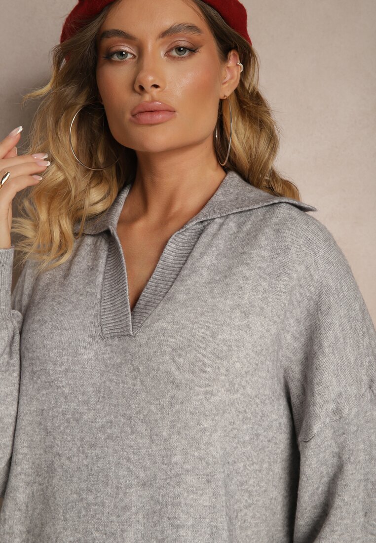 m&d fashion Rochie tip pulover gri din vâscoză cu croială dreaptă cu guler Clarinnae