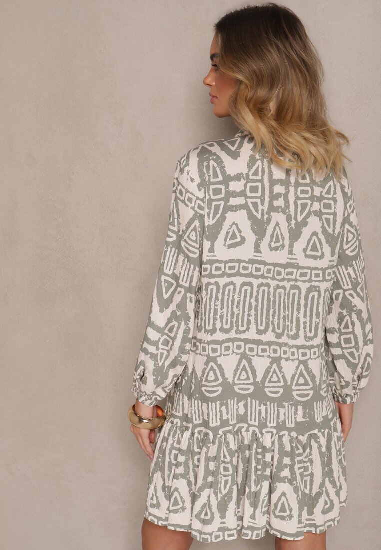 m&d fashion Rochie Verde Cloș din Viscoză cu Imprimeu Etnic cu Cordon cu Franjuri Ravpio