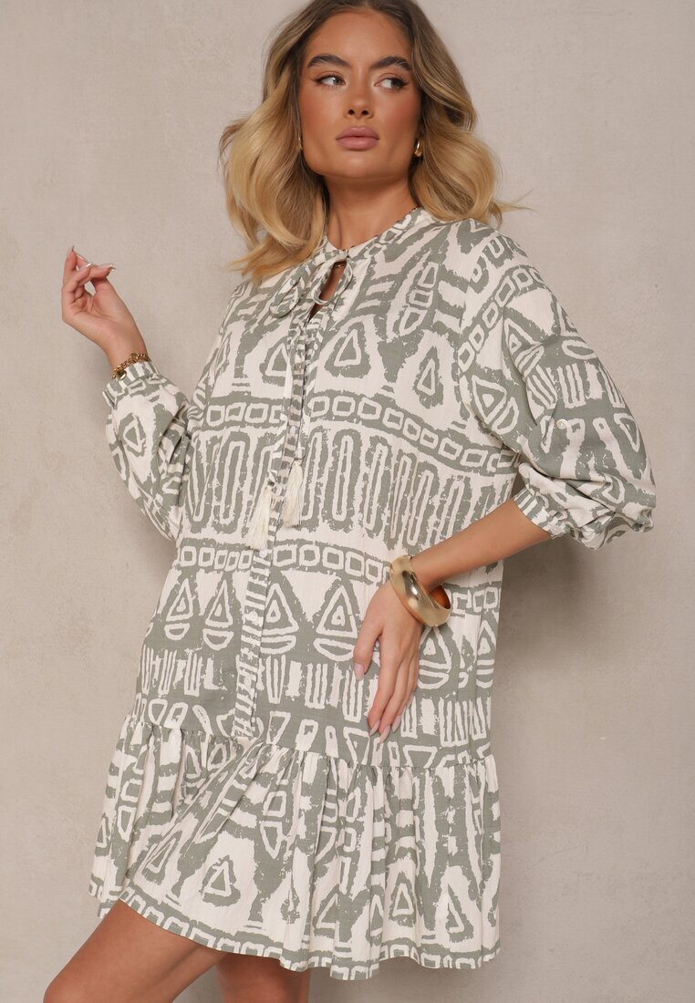 m&d fashion Rochie Verde Cloș din Viscoză cu Imprimeu Etnic cu Cordon cu Franjuri Ravpio