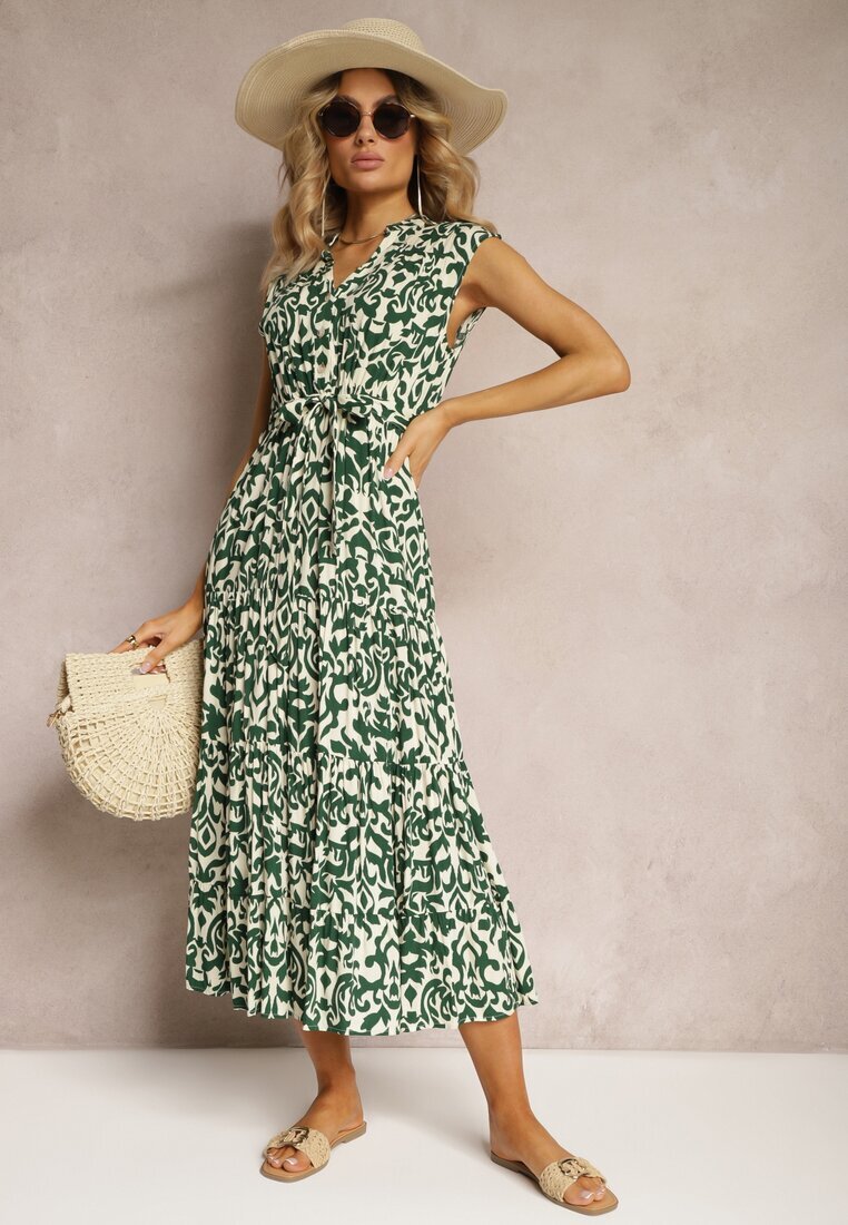 m&d fashion Rochie Verde din Viscoză Închisă cu nasturi cu Curea din material și Elastic în talie Isolia