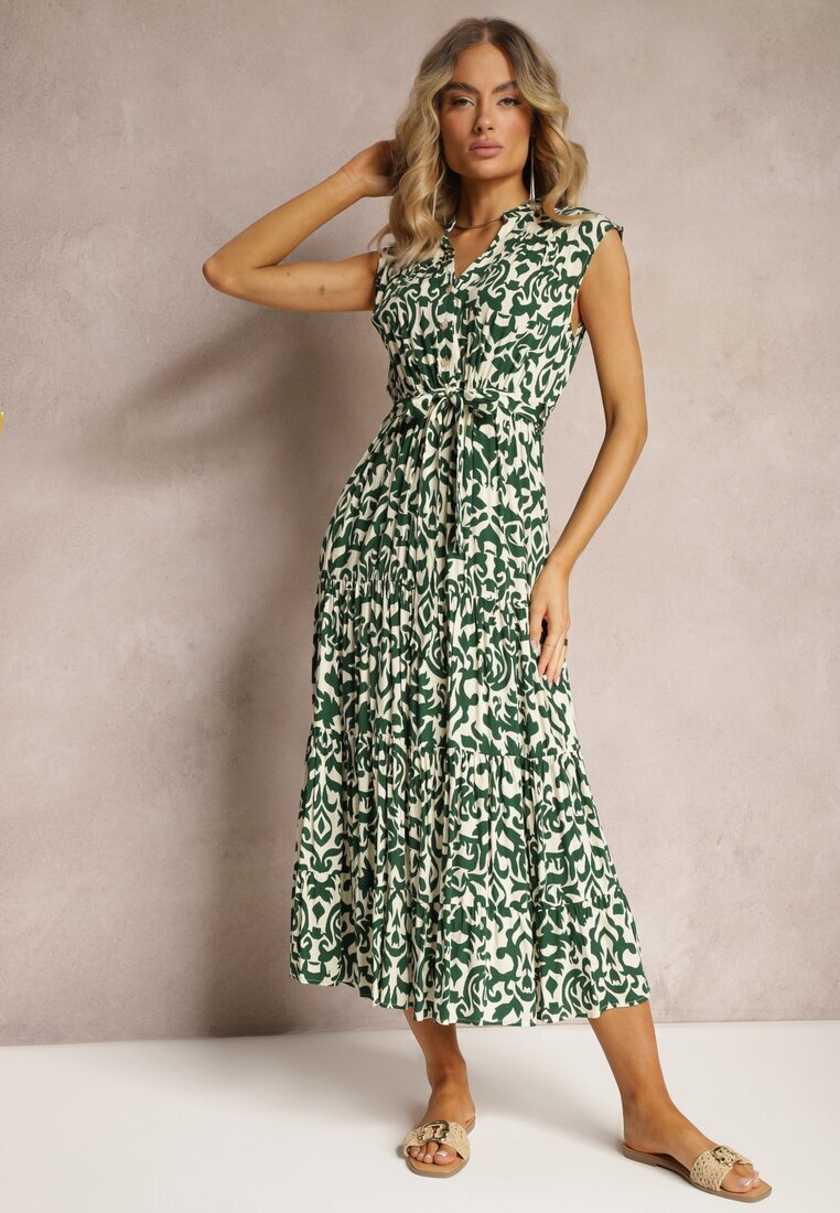 m&d fashion Rochie Verde din Viscoză Închisă cu nasturi cu Curea din material și Elastic în talie Isolia