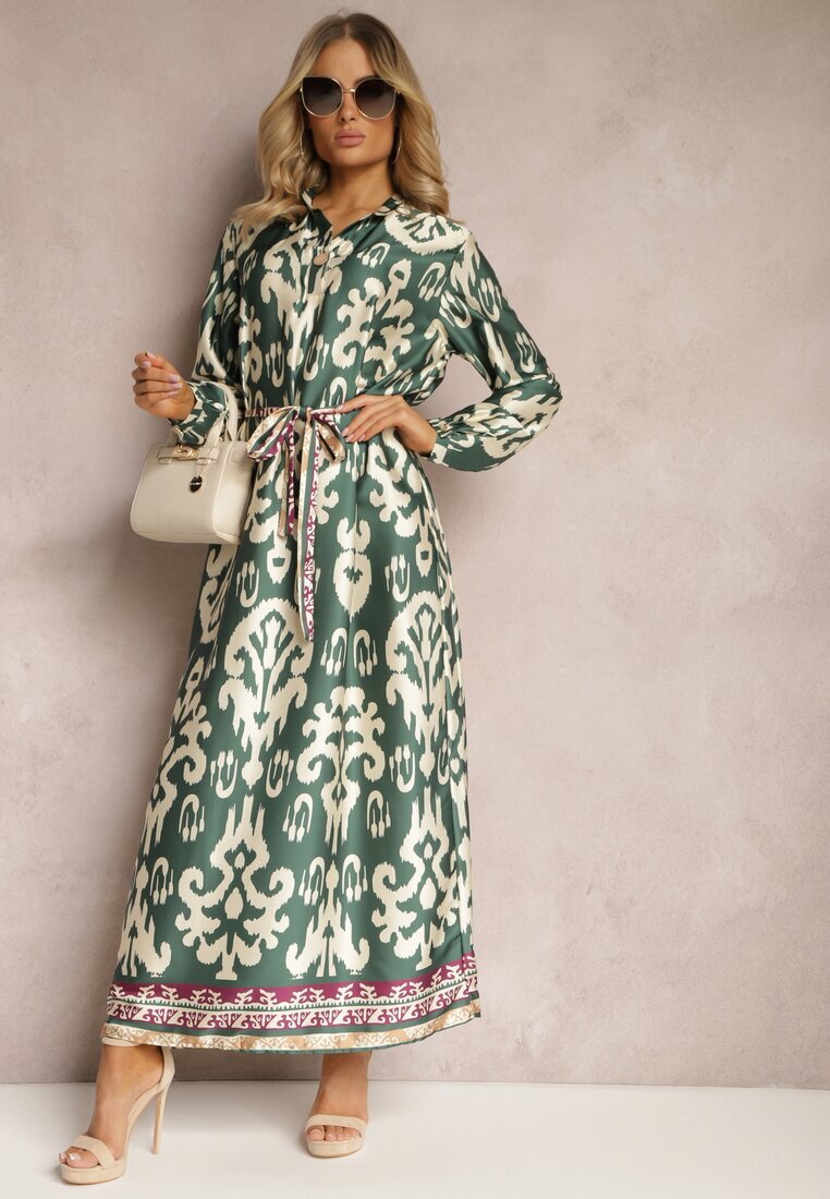 m&d fashion Rochie Verde Dreaptă Satinată cu curea în talie cu imprimeu ornamental Taros