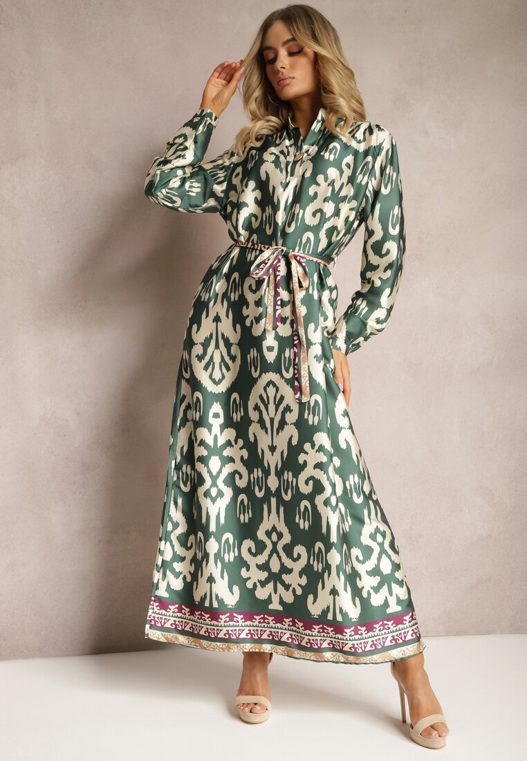 m&d fashion Rochie Verde Dreaptă Satinată cu curea în talie cu imprimeu ornamental Taros