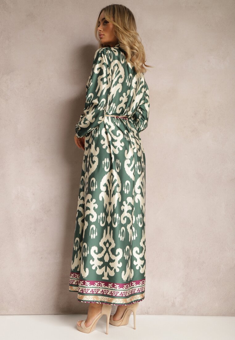m&d fashion Rochie Verde Dreaptă Satinată cu curea în talie cu imprimeu ornamental Taros
