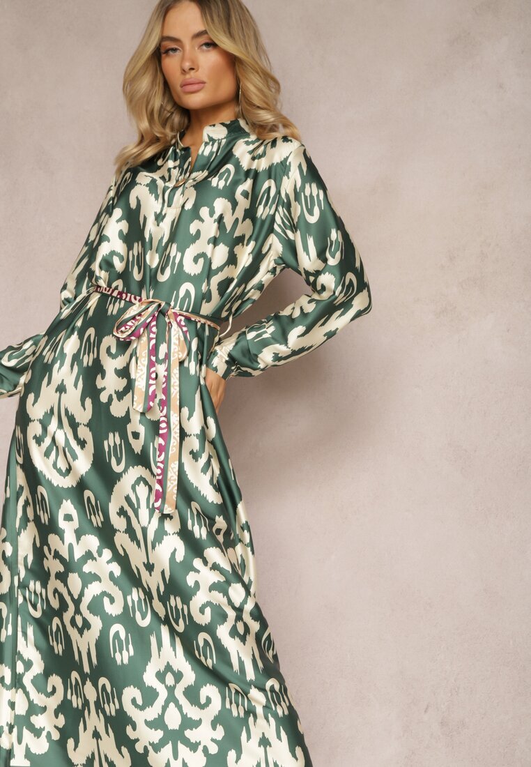 m&d fashion Rochie Verde Dreaptă Satinată cu curea în talie cu imprimeu ornamental Taros